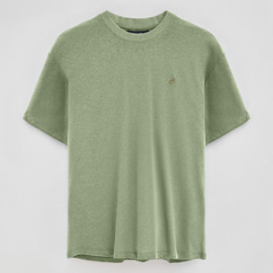 Maglietta verde giada in lino e cotone a girocollo e con monogramma ricamato