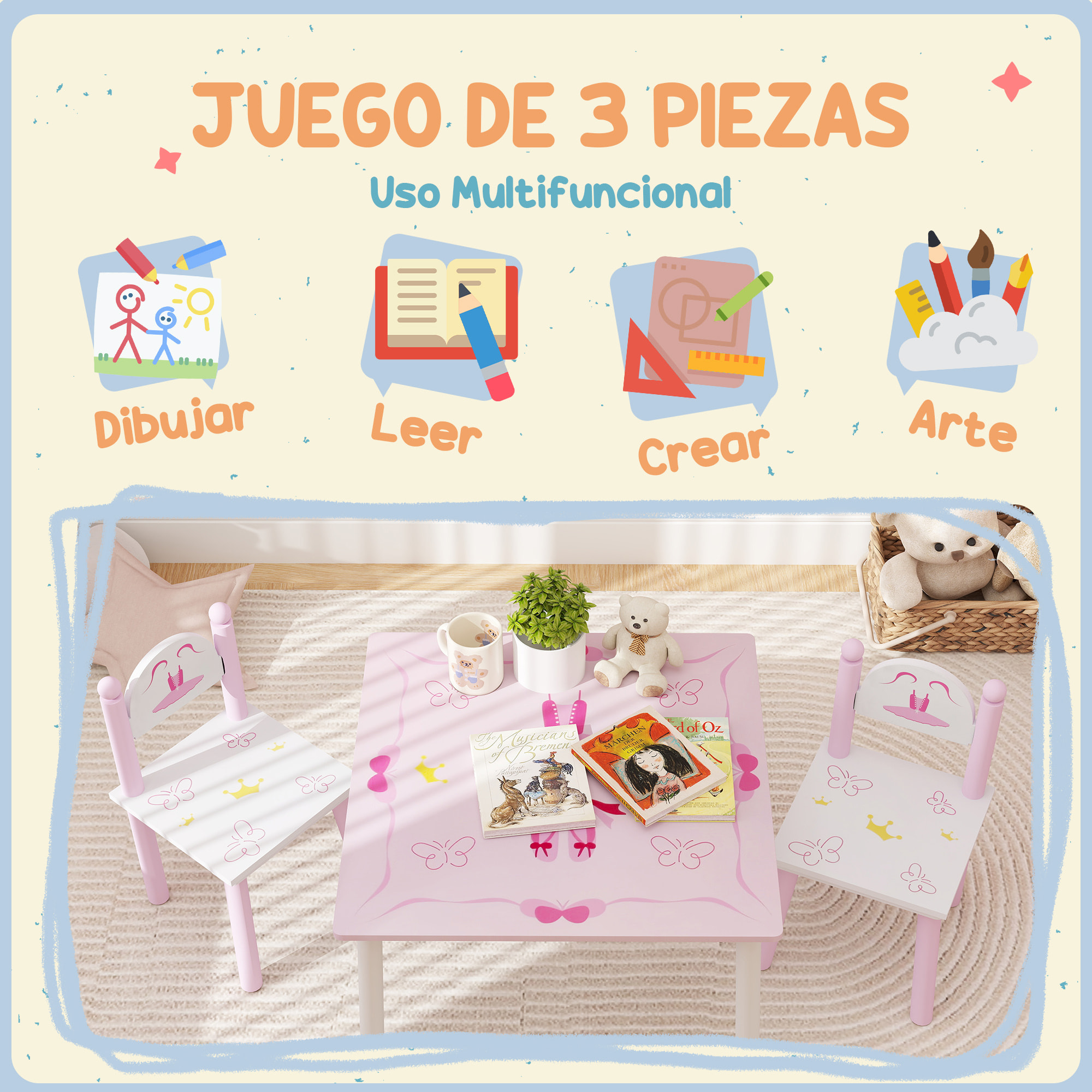 Mesa y Sillas Infantiles para Niños de 2-5 Años Mesa Infantil con Sillas de 3 Piezas Estilo Princesa para Sala de Juegos Dormitorio Guardería Rosa y Blanco