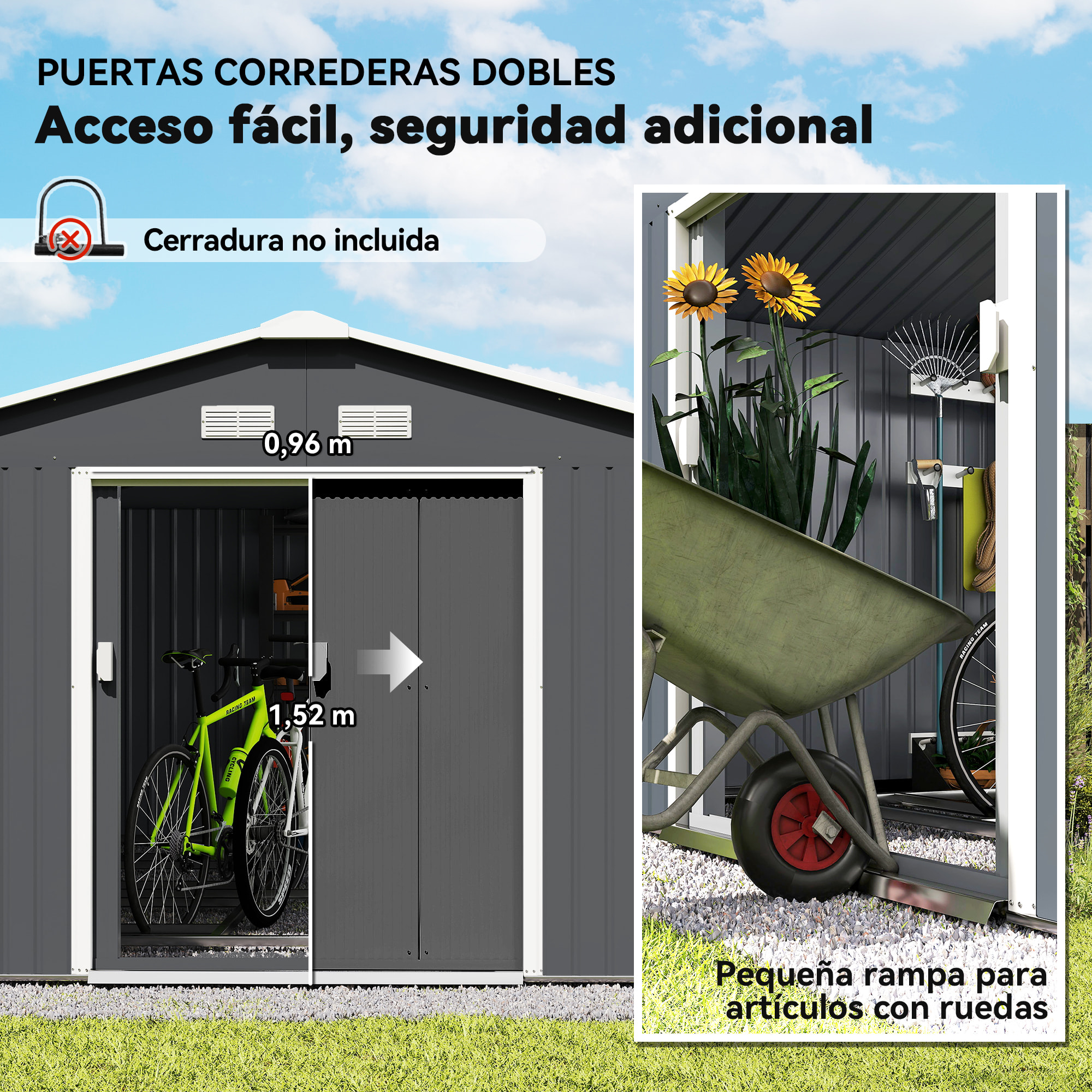 Caseta de Jardín Exterior 12,4 m² 340x386x200 cm Cobertizo de Jardín Exterior Metálico con Puerta Corredera, Base Refuerzo (Suelo NO Incluido) y Ventanas Gris Oscuro