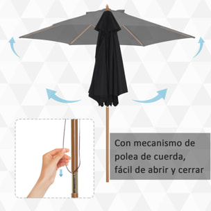 Sombrilla Parasol de Madera Ø250x230cm para Exterior con 6 Varillas Sistema de Cuerda con Fijación Desmontable Portátil Fácil de Guardar y Transportar Negro