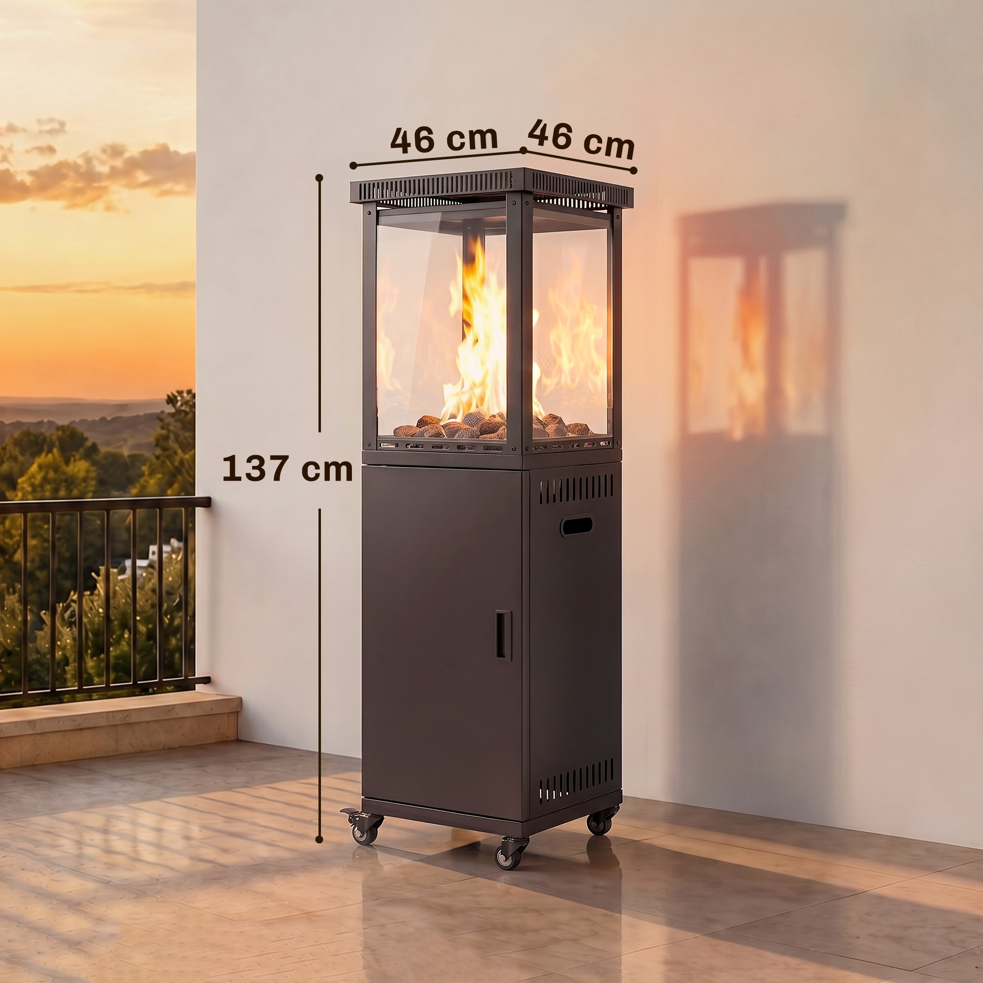 Estufa de Gas Butano Exterior, 13 kW, Calefactor de Gas Terraza con Regulación Continua del Calor, Encendido Piezoeléctrico, Antivuelco, 4 Ruedas, Vidrio Templado y Piedras Lava, 30 m² Negro