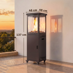 Estufa de Gas Butano Exterior, 13 kW, Calefactor de Gas Terraza con Regulación Continua del Calor, Encendido Piezoeléctrico, Antivuelco, 4 Ruedas, Vidrio Templado y Piedras Lava, 30 m² Negro