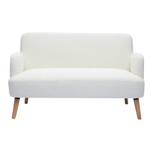 Canapé scandinave 2 places en tissu effet laine bouclée blanc et bois clair ISKO