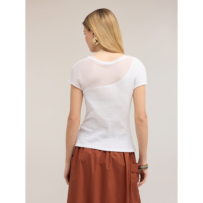 Motivi - Camiseta bimatérica con detalle drapeado - Blanco