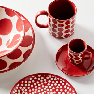 Set de 4pc café (2 tazas de 75ml + 2 platos de color solido) stoneware de topos rojos