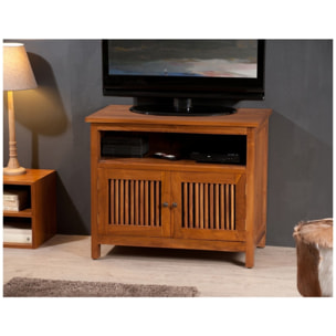API - Meuble TV marron 2 portes persiennes bois Teck