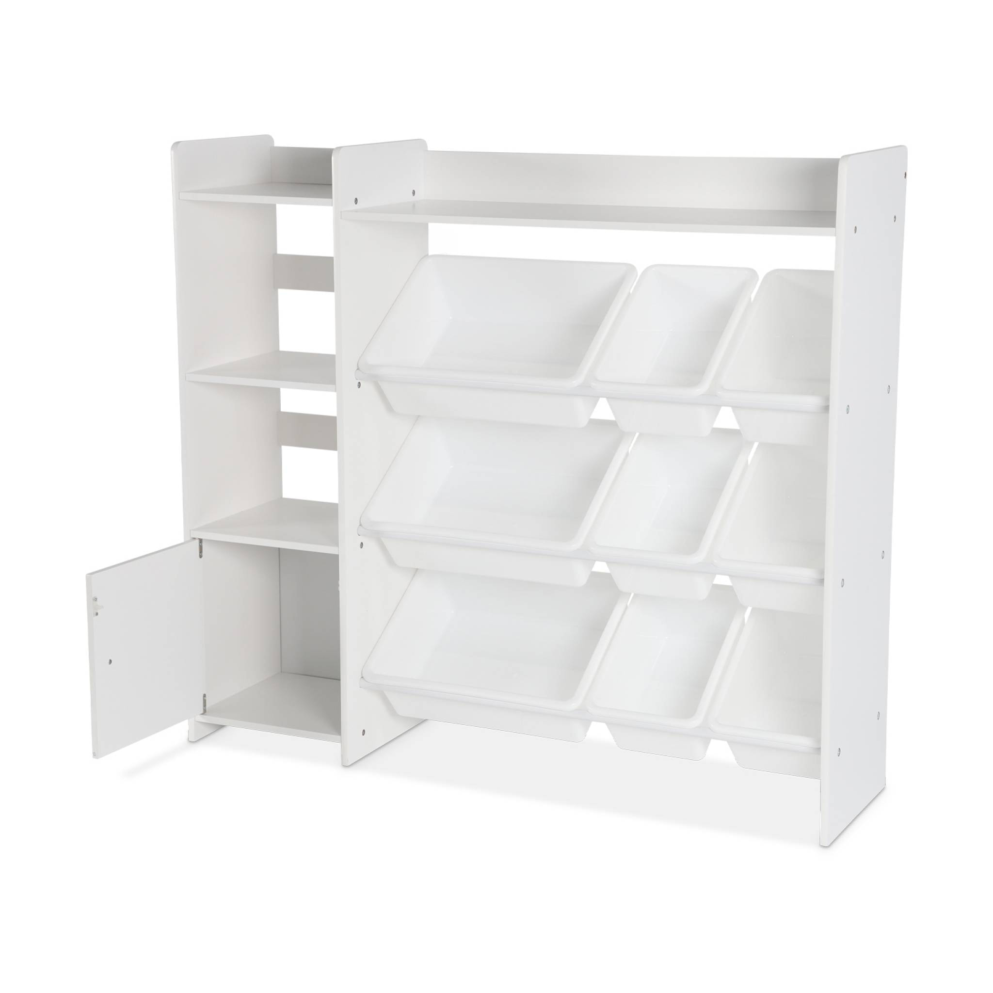 Meuble de rangement enfant. blanc. 9 bacs de rangement. 4 étagères. 1 porte