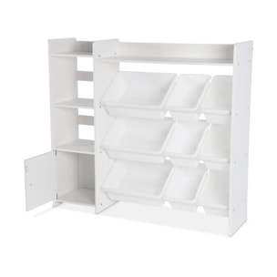 Meuble de rangement enfant. blanc. 9 bacs de rangement. 4 étagères. 1 porte