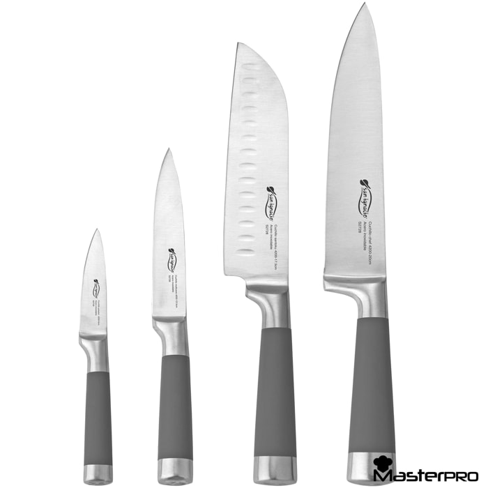 Pack de 4 cuchillos profesionales: chef, santoku, multiusos y pelador, mango silicona, balanceados