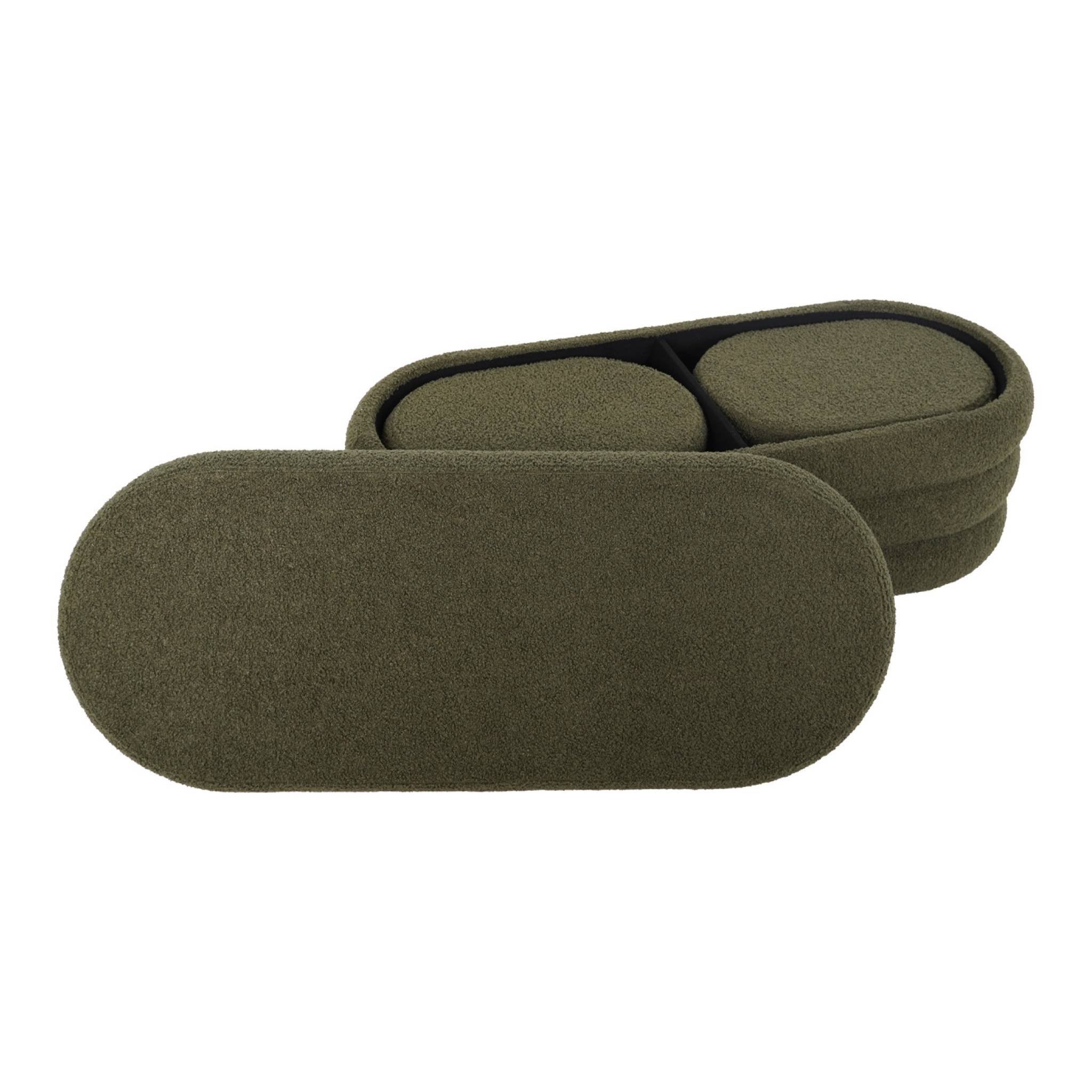 Banc coffre en bouclettes kaki avec 2 poufs ovales de rangement intégrés - L111cm