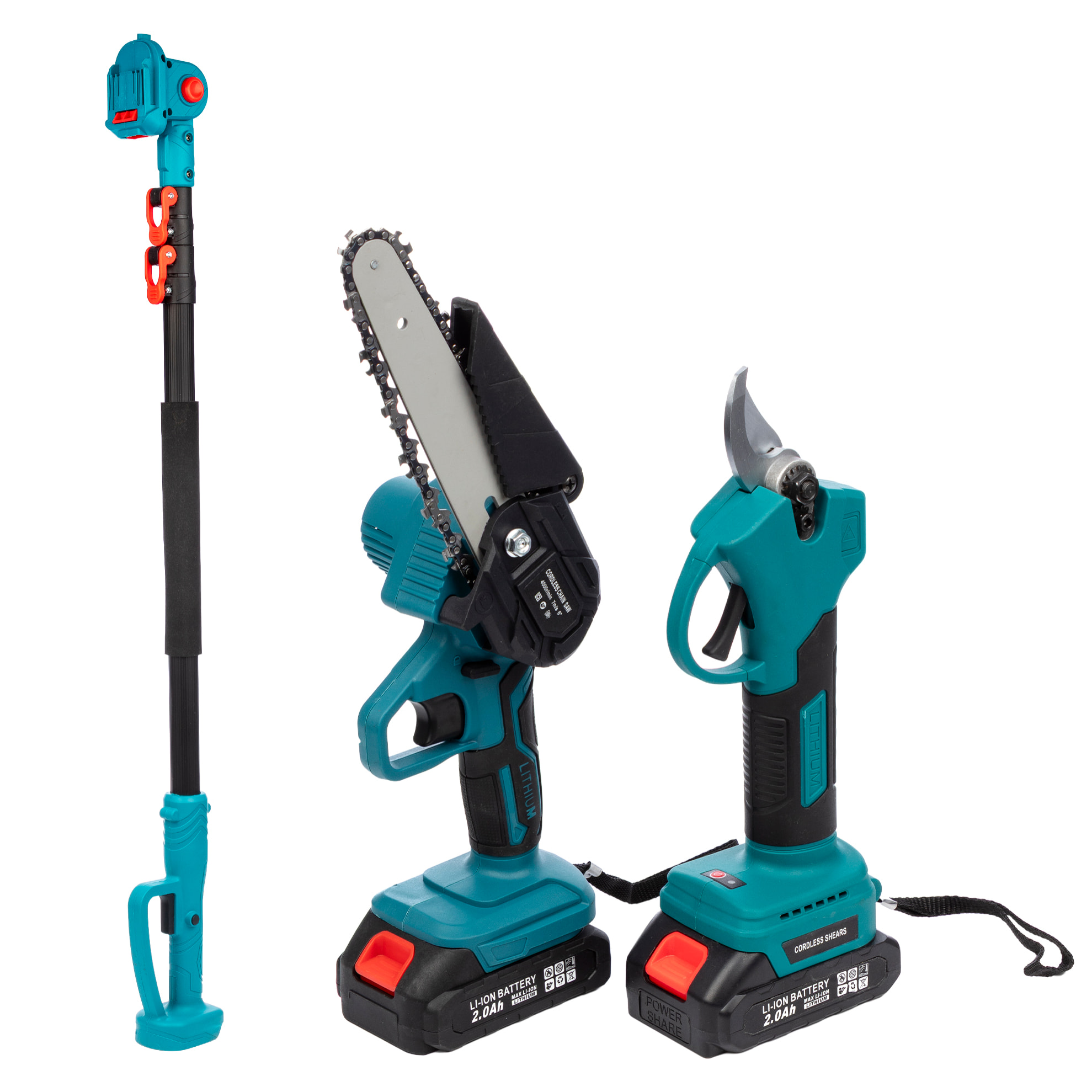 Set di strumenti elettrici 2 in 1 con motosega, forbici da potatura e manico regolabile di 2m.