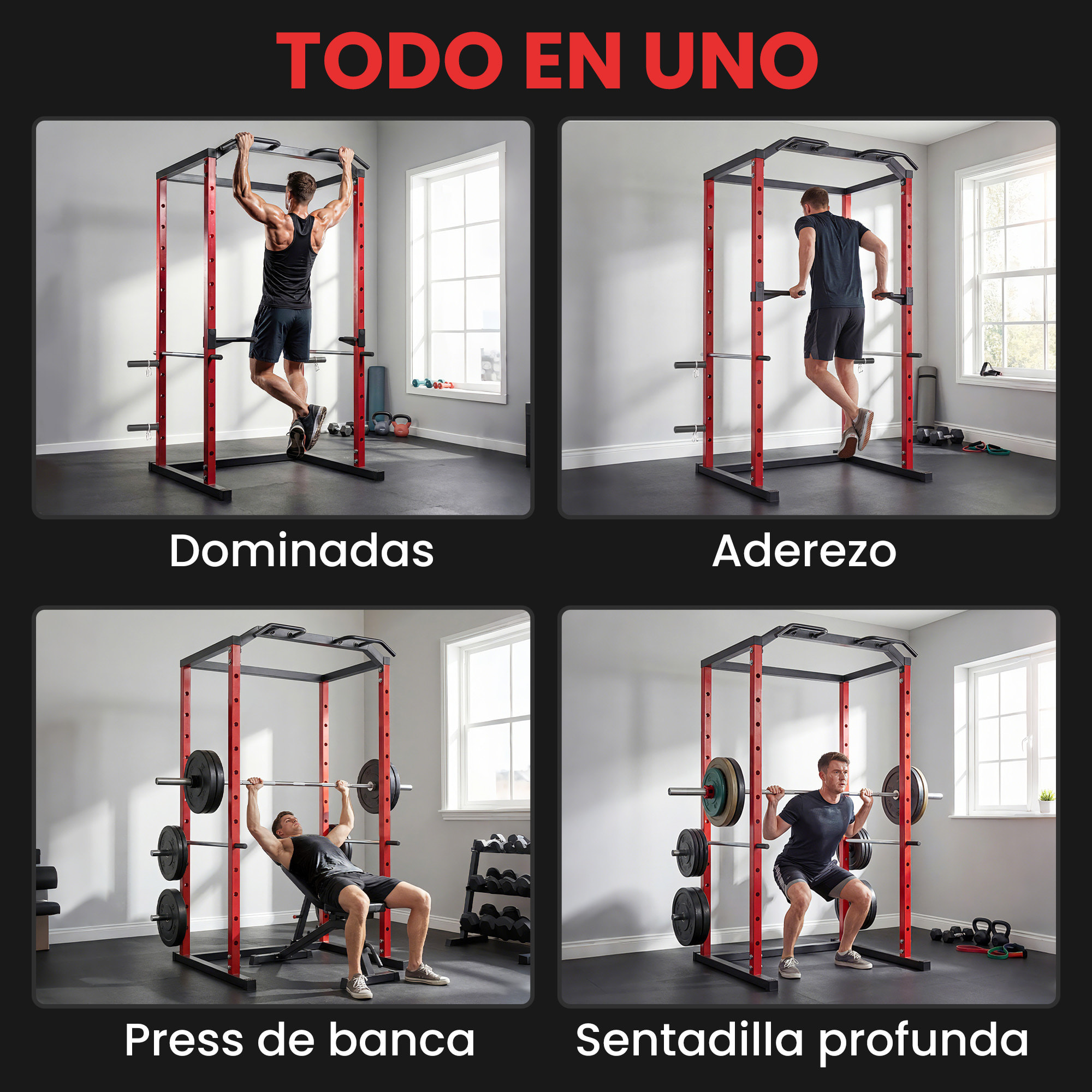 Jaula de Potencia Musculación, Rack para Sentadillas con Barra de Dominadas, Estación de Fondos Ajustable en Altura, Soporte de Barra Regulable, para Casa Gimnasio, Carga 460 kg