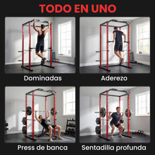 Jaula de Potencia Musculación, Rack para Sentadillas con Barra de Dominadas, Estación de Fondos Ajustable en Altura, Soporte de Barra Regulable, para Casa Gimnasio, Carga 460 kg