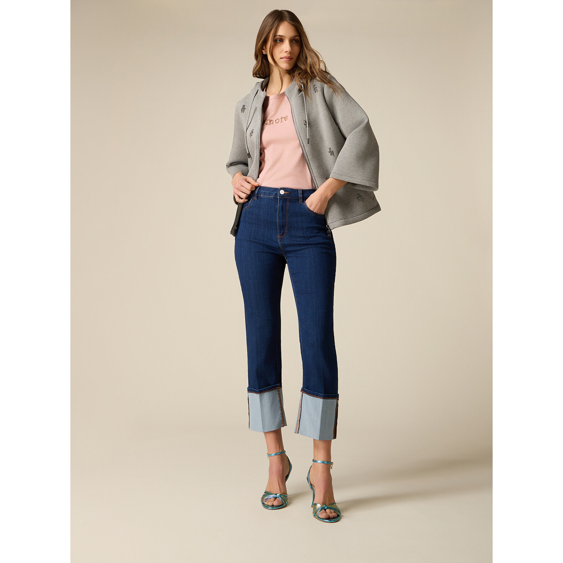 Oltre - Jeans cropped con risvolto - Blu