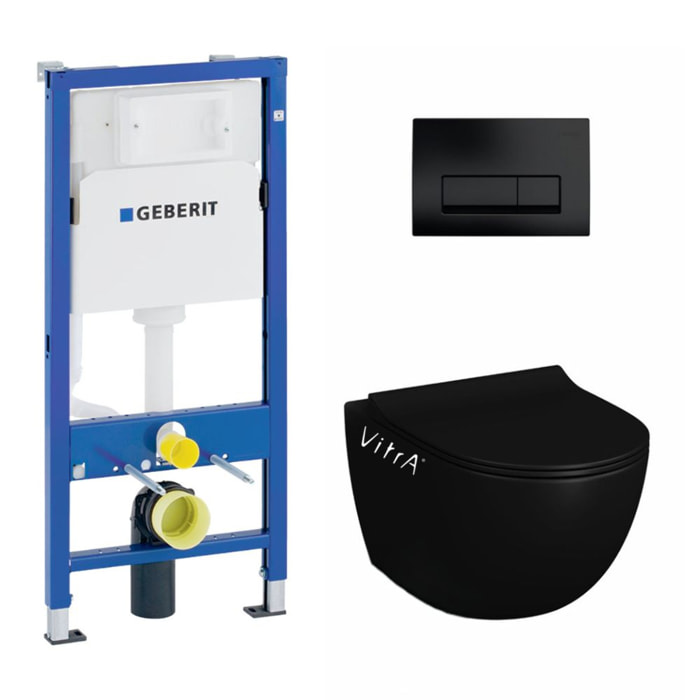 Pack WC Bati-support Geberit Duofix + WC sans bride Vitra SENTO noir mat + Abattant frein de chute + Plaque noire mat