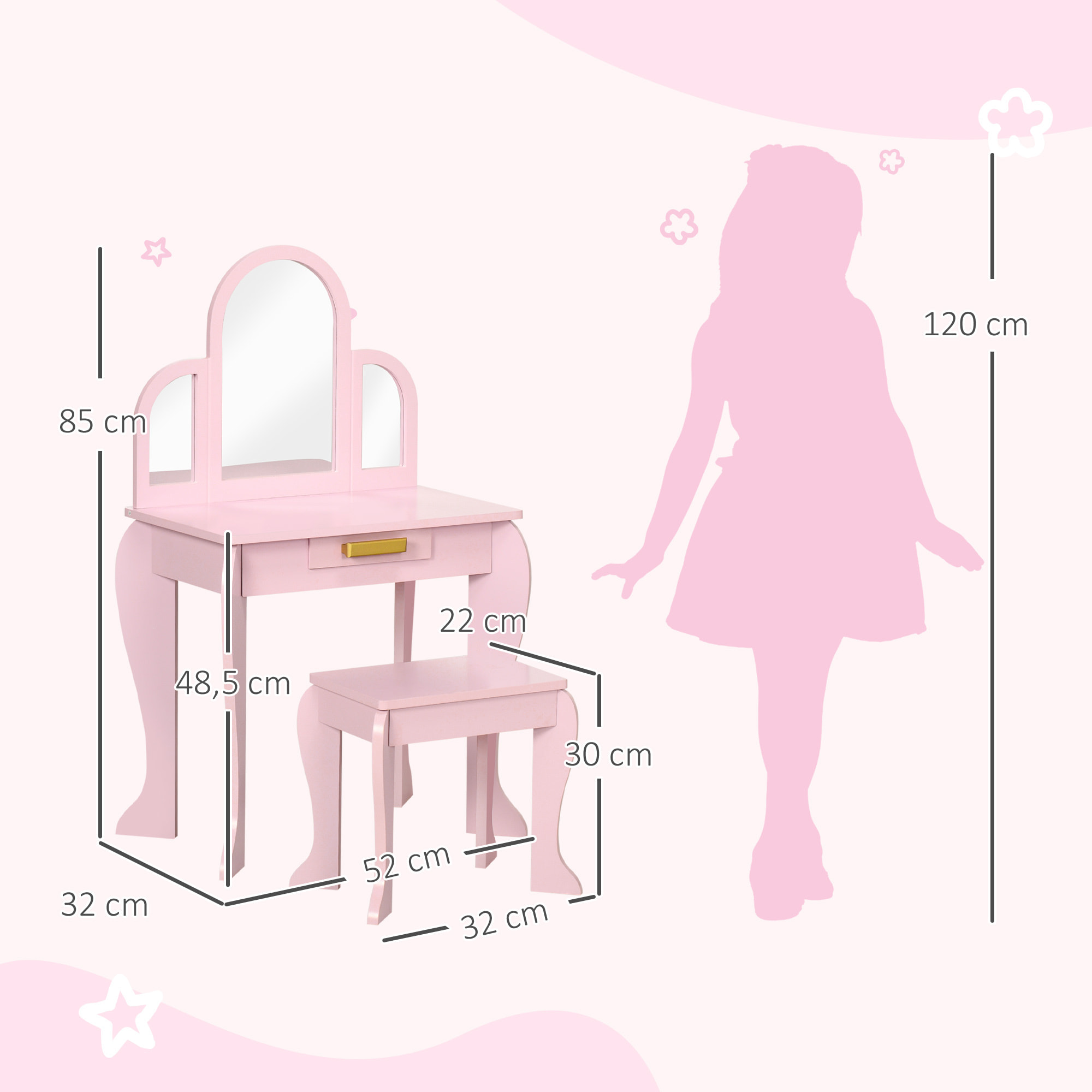 Coiffeuse enfant design girly - tabouret inclus - dim. 52L x 32l x 85H cm - tiroir, 3 miroirs - MDF bois de pin - rose poudré