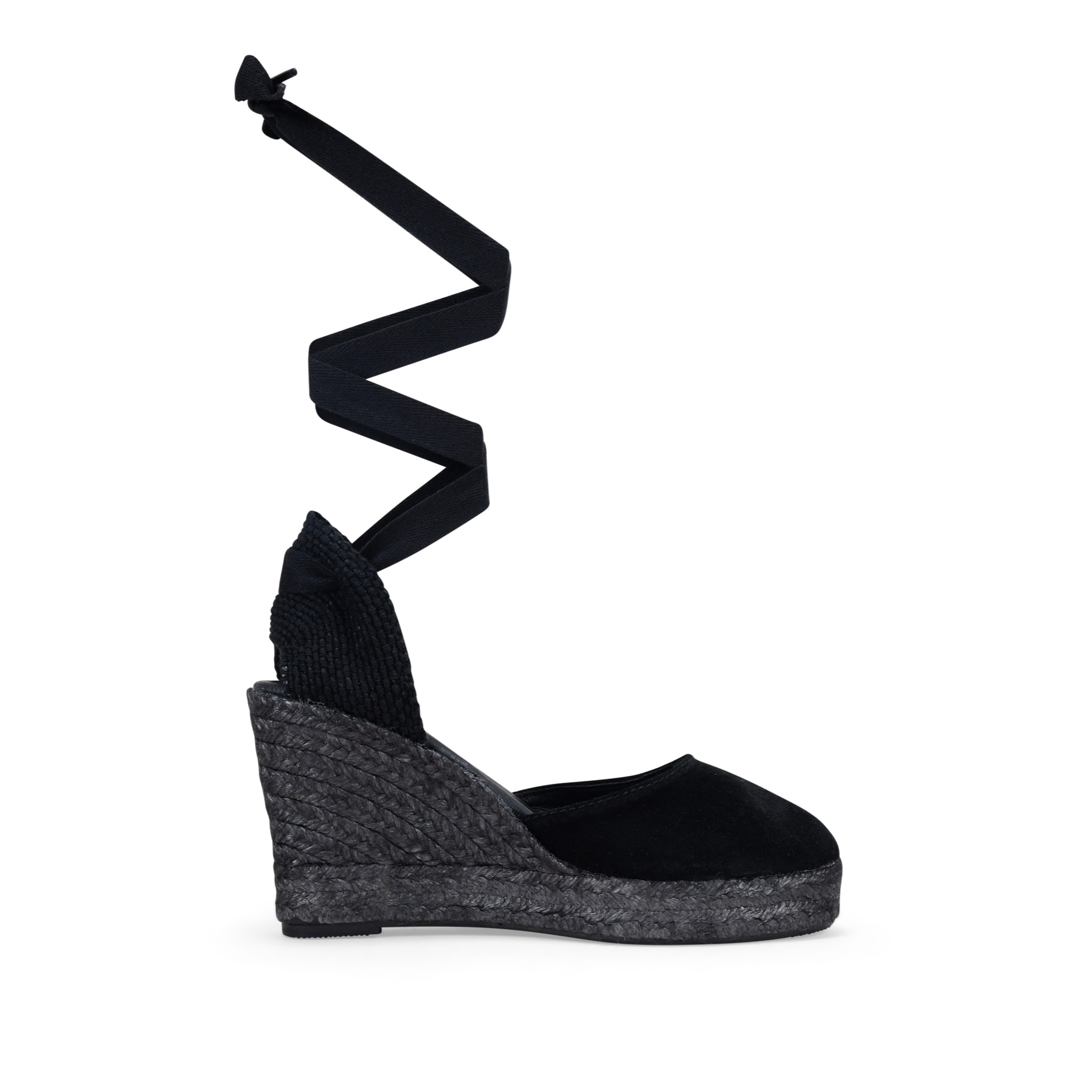 Alpargatas de piel con cuña negras y lazos para atar