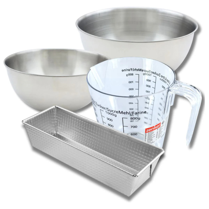 Set pâtisserie avec moule à cake acier, 2 bols à mixer, verre mesureur et spatule Zenker