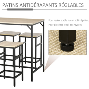 Ensemble table de bar design industriel + 4 tabourets repose-pieds panneaux particules imitation chêne clair métal noir