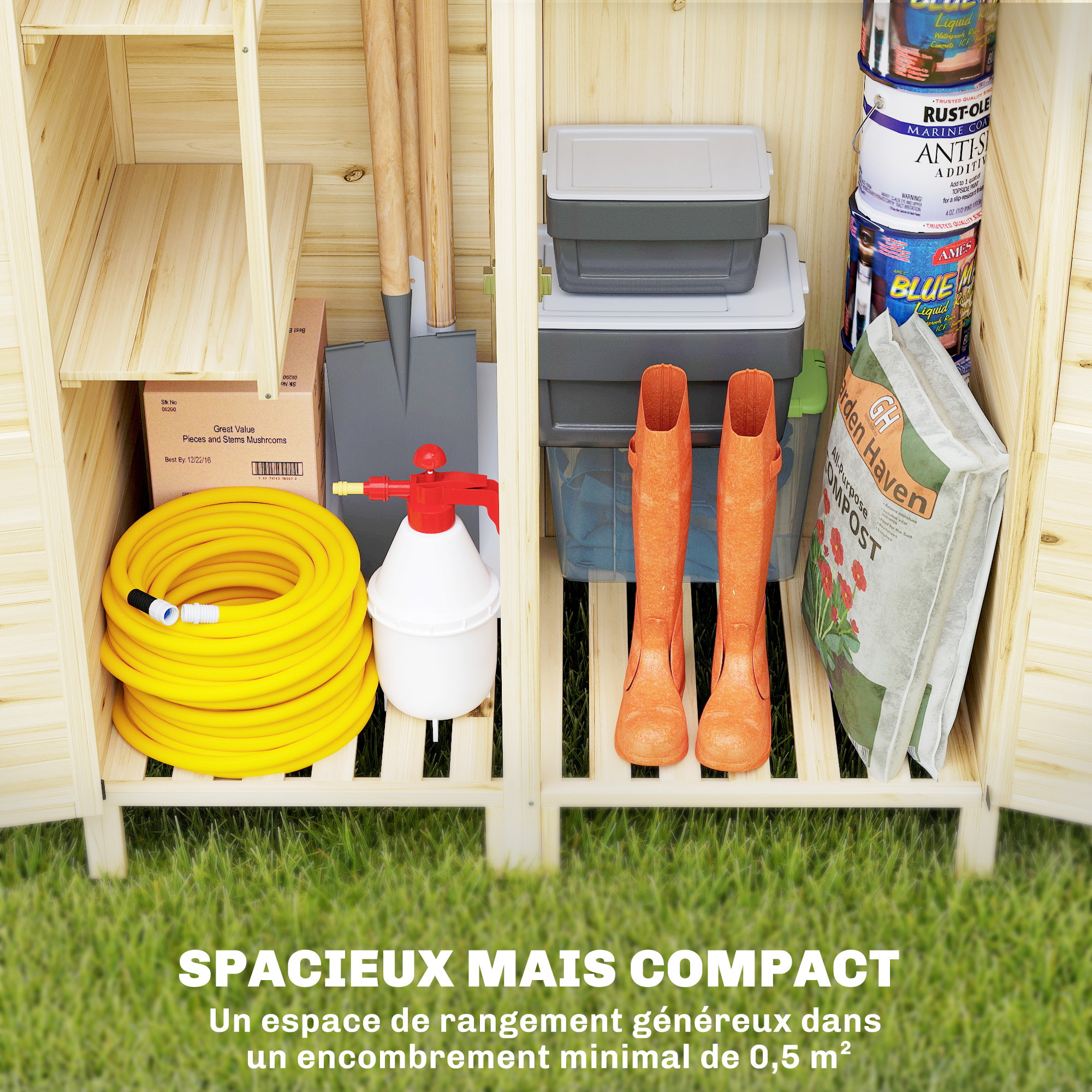 Armoire de jardin en bois 2 + 1 portes 2 étagères fenêtre toit bitumé noir