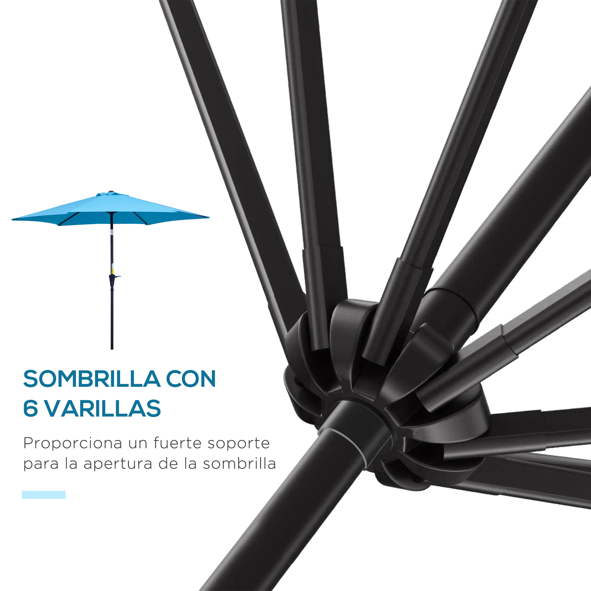 Sombrilla de Jardín, Ø260x235 cm, Parasol de Jardín Reclinable con Manivela, Poste Desmontable de Aluminio y 6 Varillas de Metal, para Terraza, Exterior, Balcón, Azul