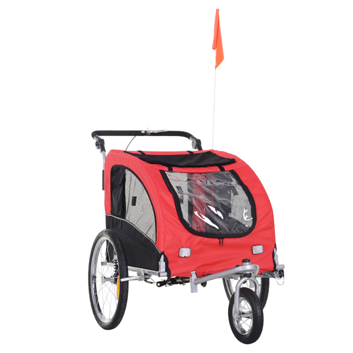 Remorque vélo jogger 2 en 1 pour animaux drapeau roue avant pivotante réflecteurs et barre d'attelage inclus rouge noir