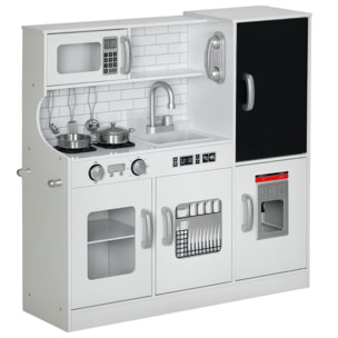 Cocina de Juguete Cocina para Niños de +3 Años Cocinita Infantil de Madera con Accesorios para Cocinar Pizarra Máquina de Hielo y Teléfono 83,8x26,8x81 cm Blanco