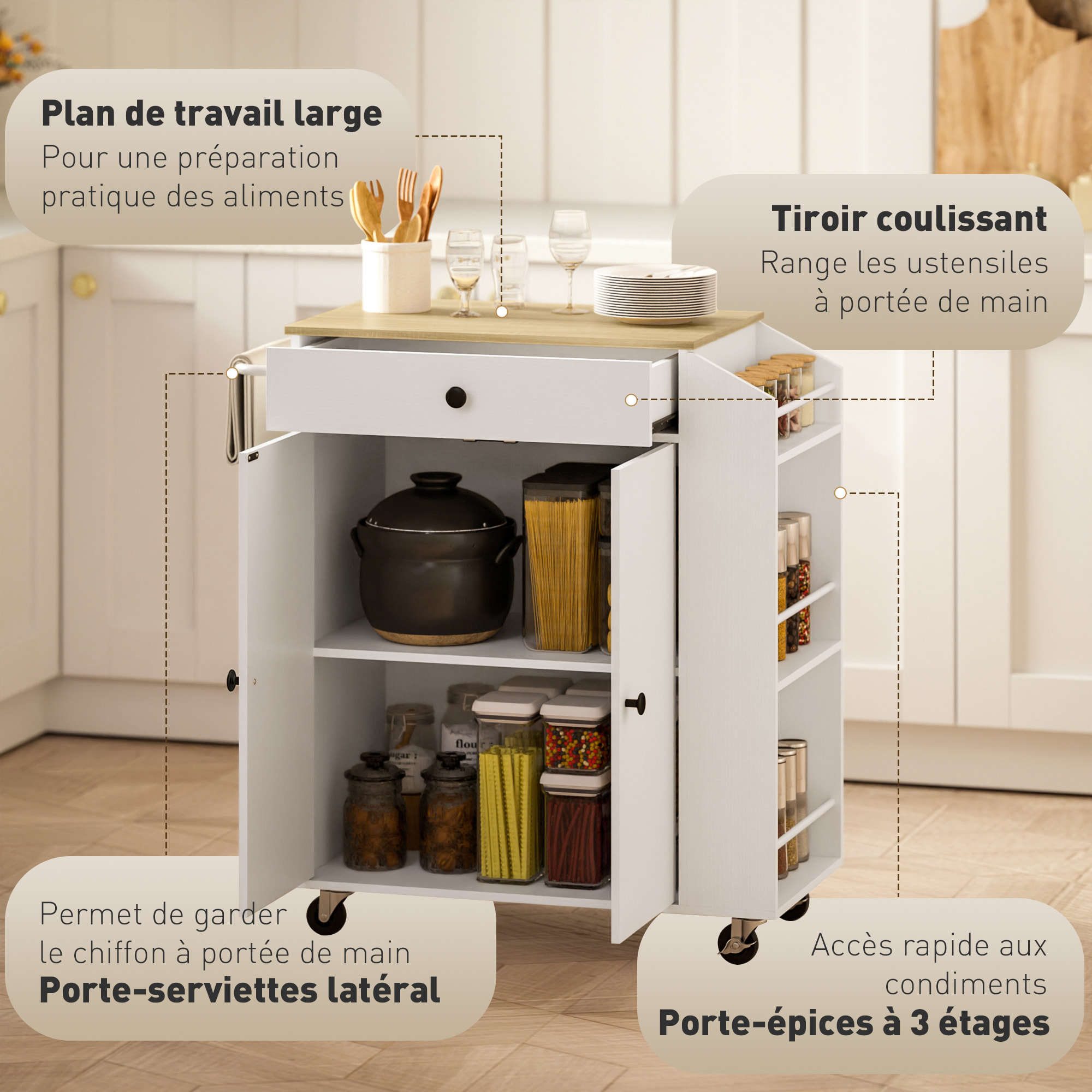 Desserte cuisine - chariot de cuisine - 2 portes, étagère, tiroir, 3 étagères à épices - effet bois clair blanc