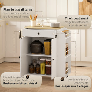 Desserte cuisine - chariot de cuisine - 2 portes, étagère, tiroir, 3 étagères à épices - effet bois clair blanc