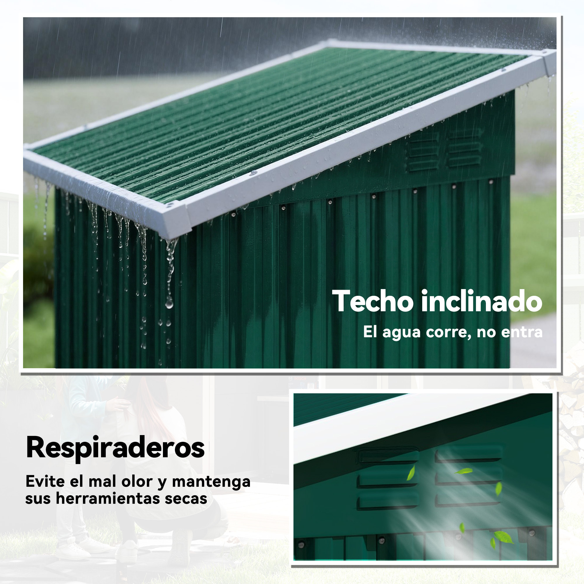 Caseta de Jardín Exterior 0,74 m², 107,5x91x185 cm, Cobertizo de Jardín Exterior Metálico con Techo Inclinado, Puerta con Cerradura y Ventilaciones para Almacenamiento de Herramientas, Verde