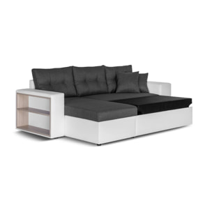 California - Canapé d'angle réversible - convertible avec coffre et étagère de rangement - en simili et tissu - Blanc / Gris