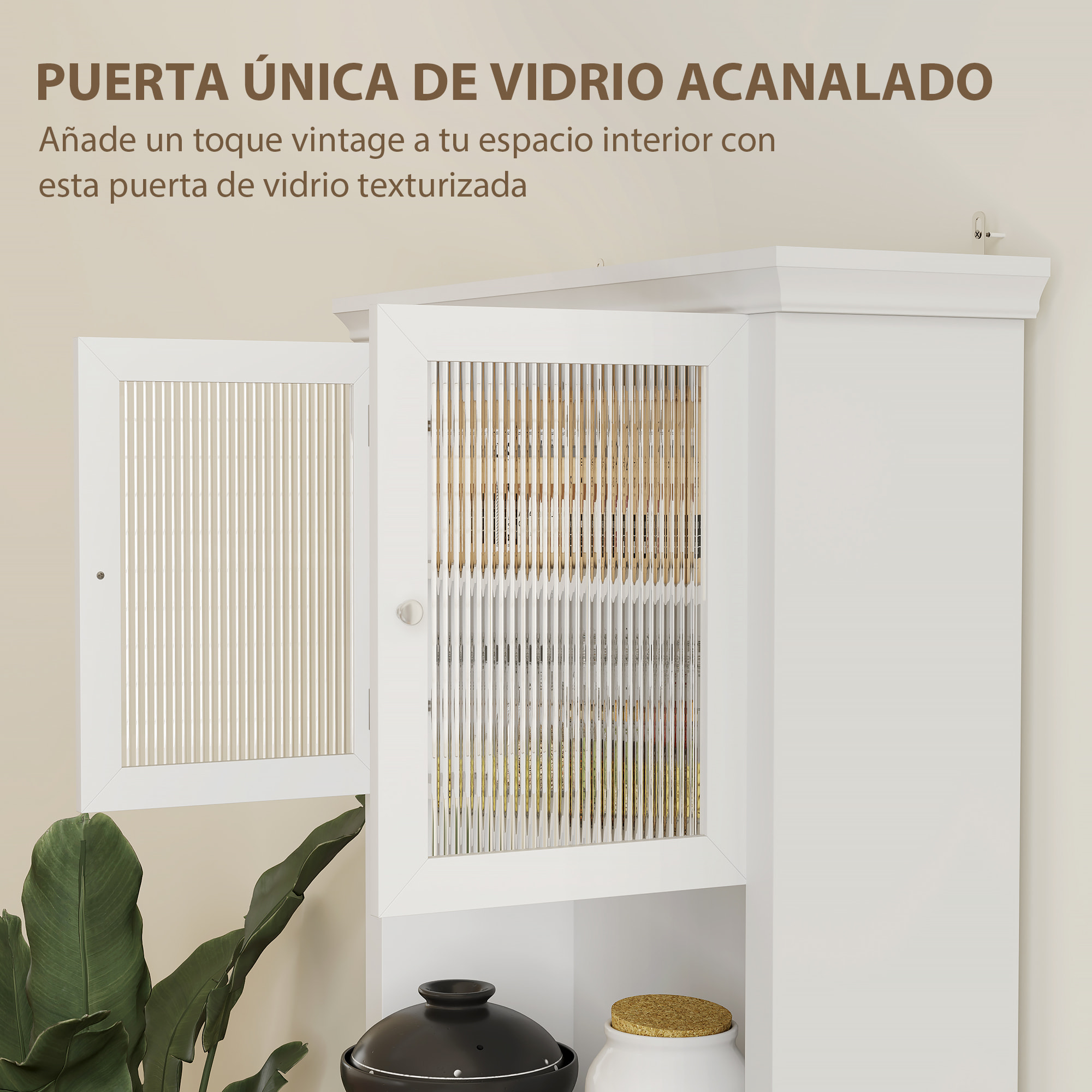 Alacena de Cocina Moderna Armario de Cocina con 1 Cajón 2 Puertas de Vidrio y Estantes Ajustables Carga 50 kg para Comedor Salón 79x40x180 cm Blanco