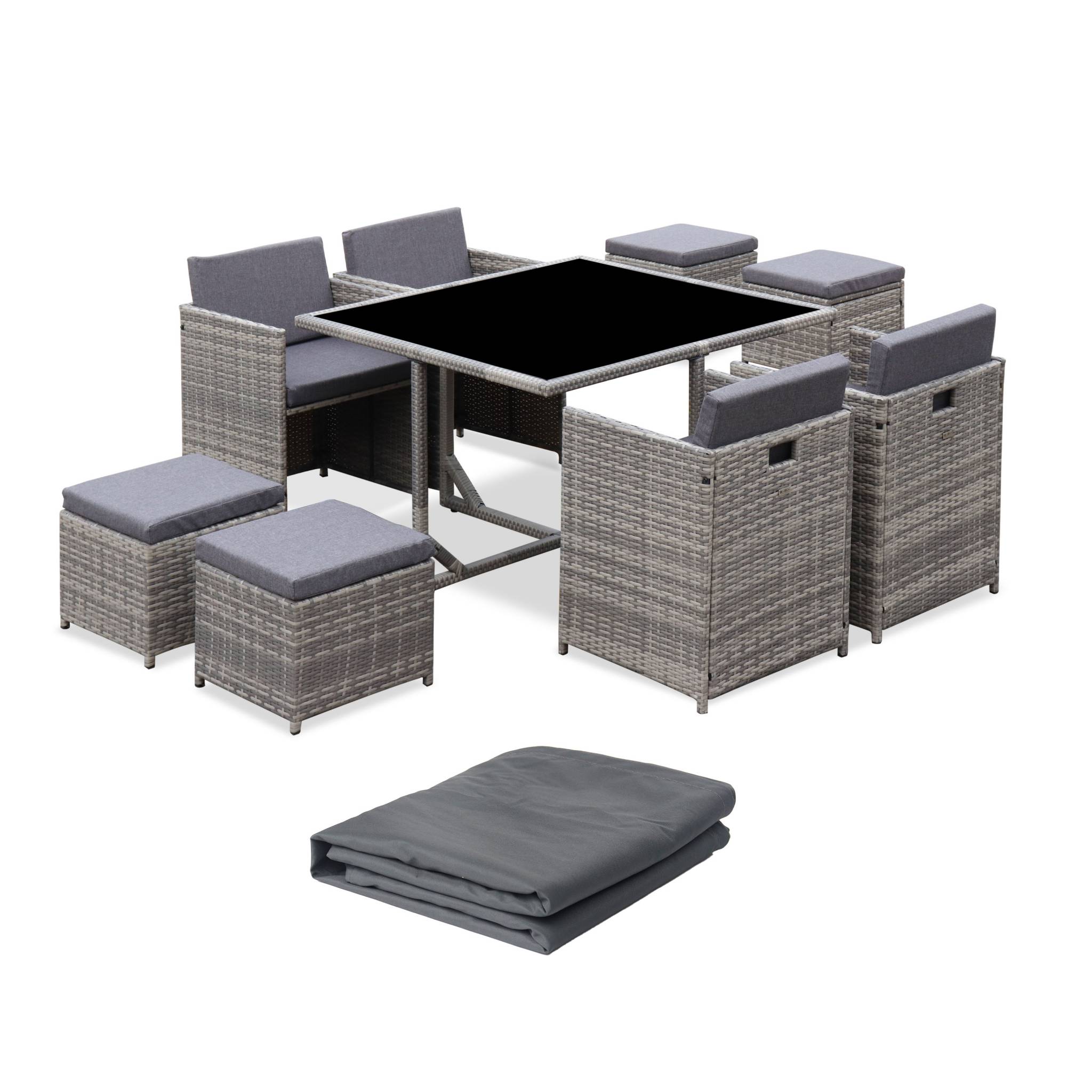 Table de jardin encastrable résine tressée + 8 assises + Housse de protection coussins gris chiné. table encastrable