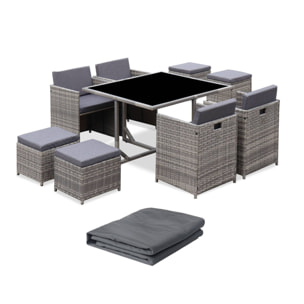 Table de jardin encastrable résine tressée + 8 assises + Housse de protection coussins gris chiné. table encastrable