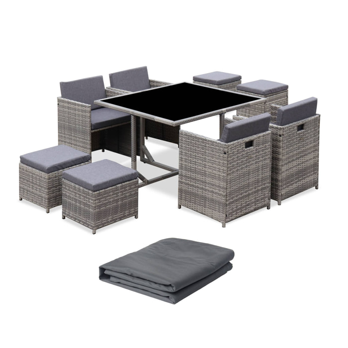 Table de jardin encastrable résine tressée + 8 assises + Housse de protection coussins gris chiné. table encastrable