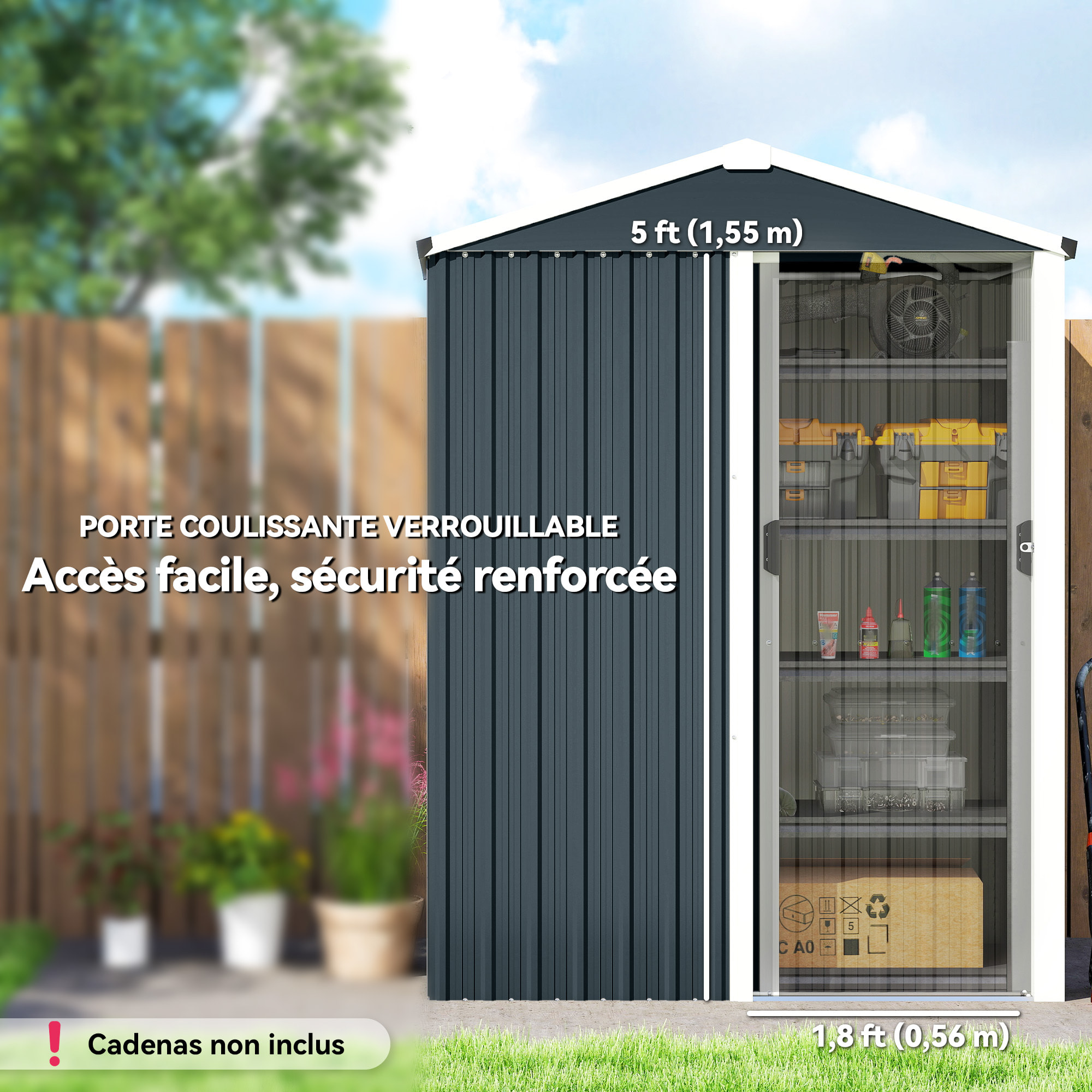 Abri de jardin 1,18 m² porte coulissante verrouillable tôle acier ondulée gris