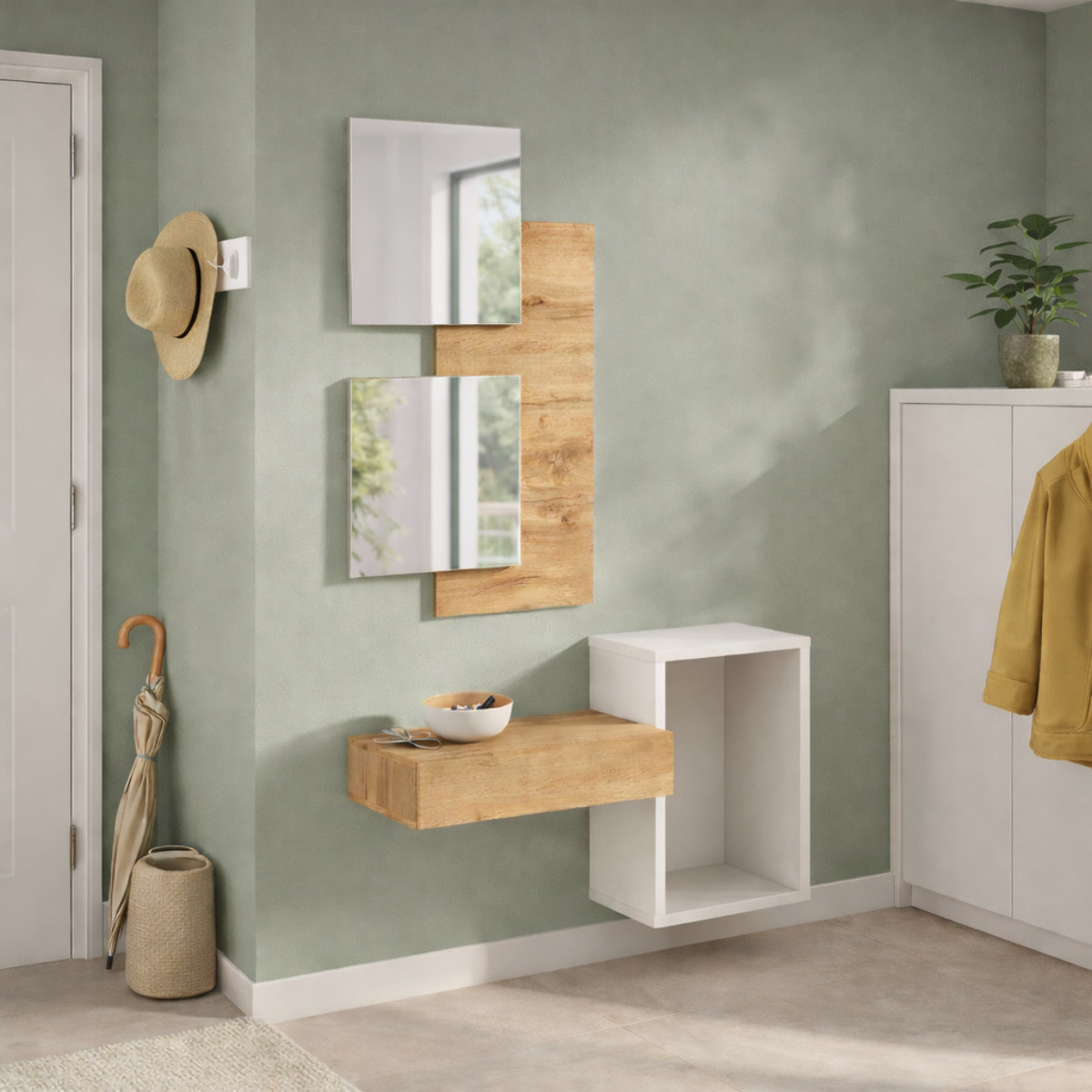 Set Mobile Ingresso Moderno Con Specchi Pensile A Giorno Mensola Con Cassetto Salvaspazio Mobile Da Parete 100 x 170 x 30 Cm Bianco E Rovere
