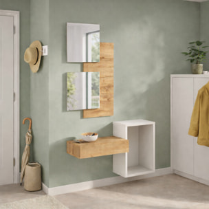 Set Mobile Ingresso Moderno Con Specchi Pensile A Giorno Mensola Con Cassetto Salvaspazio Mobile Da Parete 100 x 170 x 30 Cm Bianco E Rovere