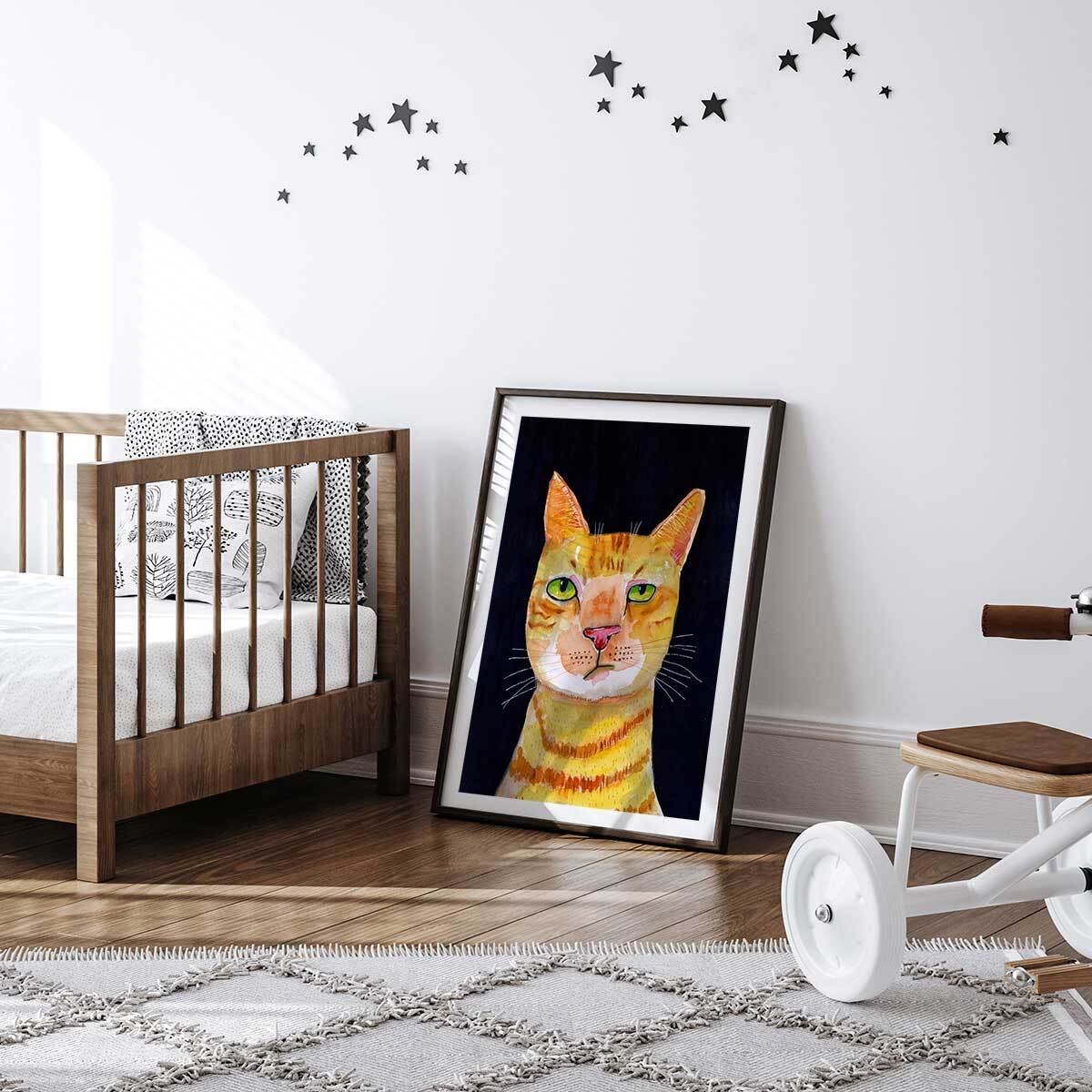 Affiche enfant chat roux  Affiche + cadre en bois - Noir