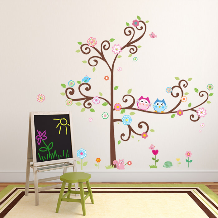 Stickers Muraux décoration adhésifs Hiboux sur arbre en fleurs