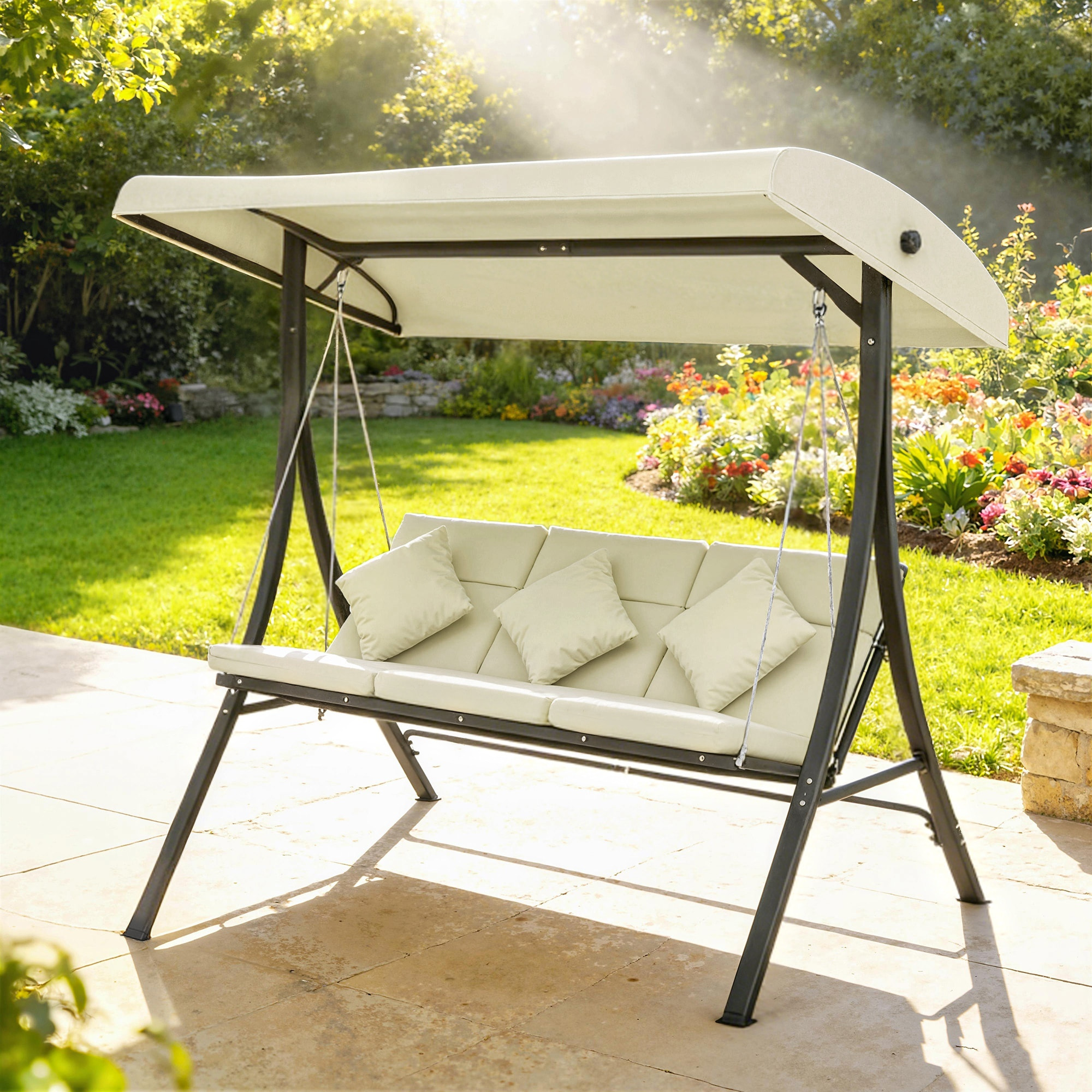 Columpio de Jardín Exterior de 3 Plazas, Balancín de Jardín Exterior con Techo Ajustable Cojines, Almohadas y Estructura de Acero, para Terraza, Patio, Carga 320 kg, 202x115x168 cm, Beige