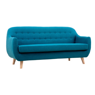 Canapé scandinave déhoussable 3 places en tissu bleu canard et bois clair YNOK