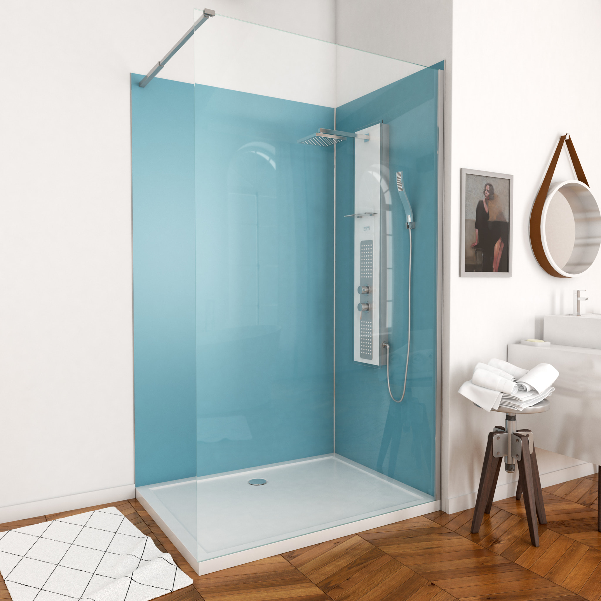 Pack Panneaux Muraux Aluminium Bleu 120+90 - Profilés Chromes + Receveur Acrylique 120x90