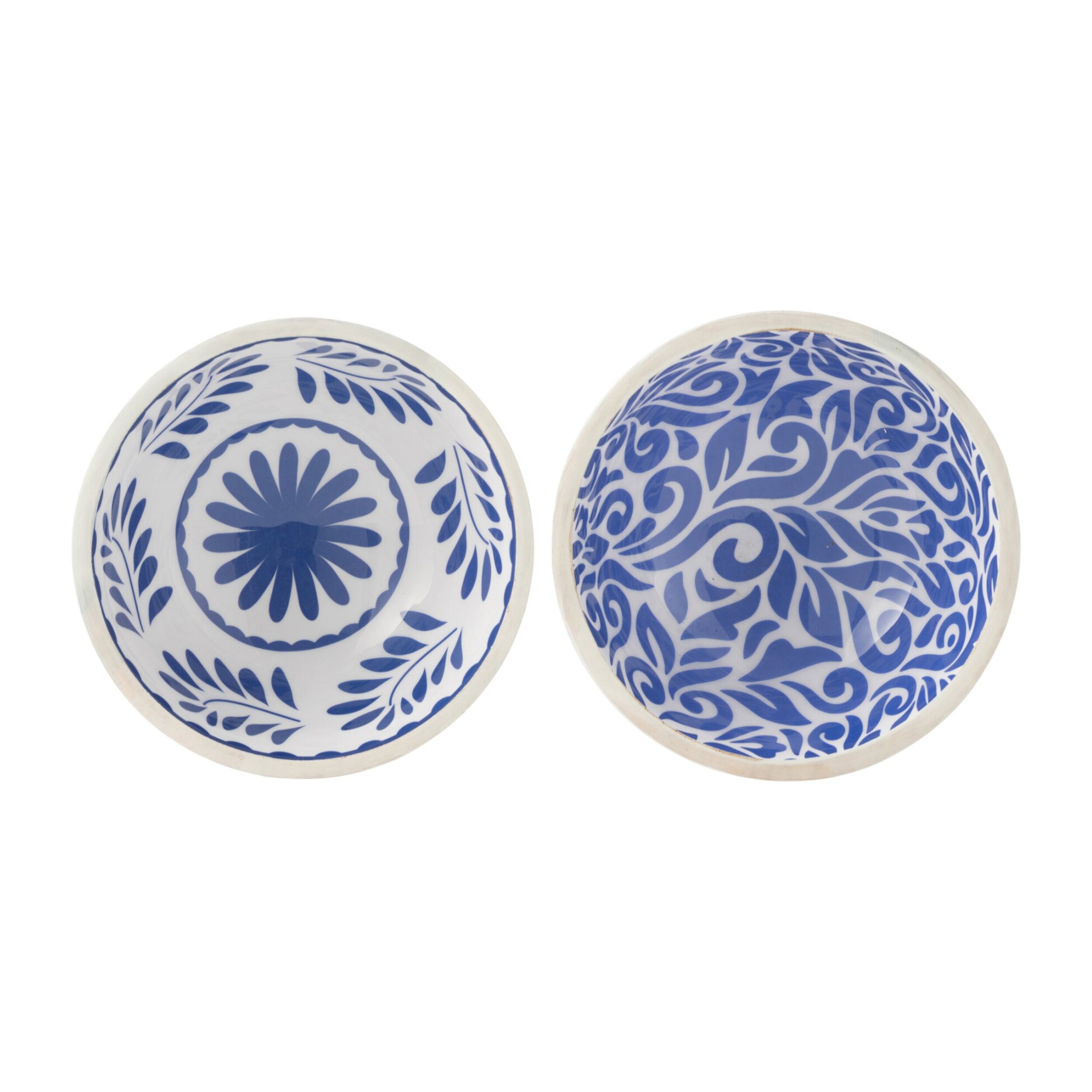 J-Line Bol Motif Floral Bois De Manguier Bleu/Blanc Medium Assortiment De 2