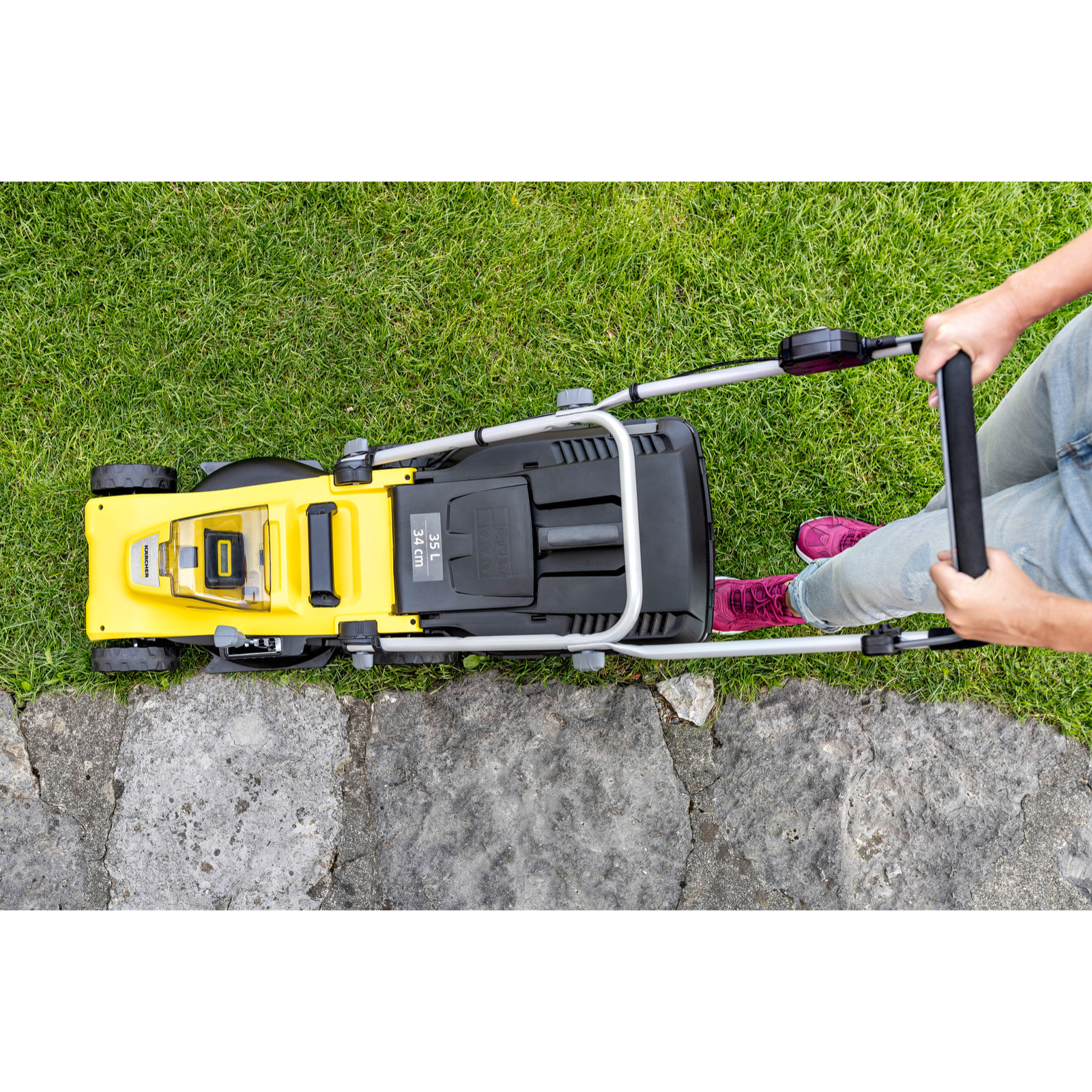 Tondeuse à gazon sur batterie Karcher LMO 3-18- coupe 34 cm- mulshing kit- bac 35l- 3500 tr/min- 350m²