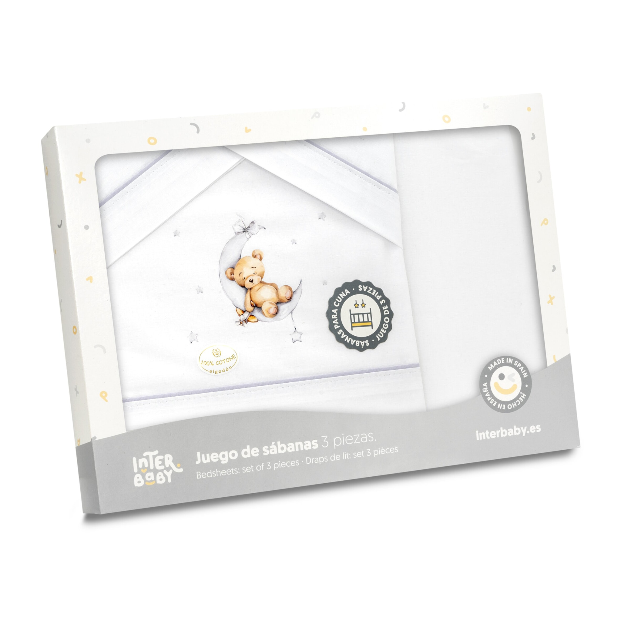 Triptico Minicuna Estampado Oso Luna Estrellas Bco/Gris