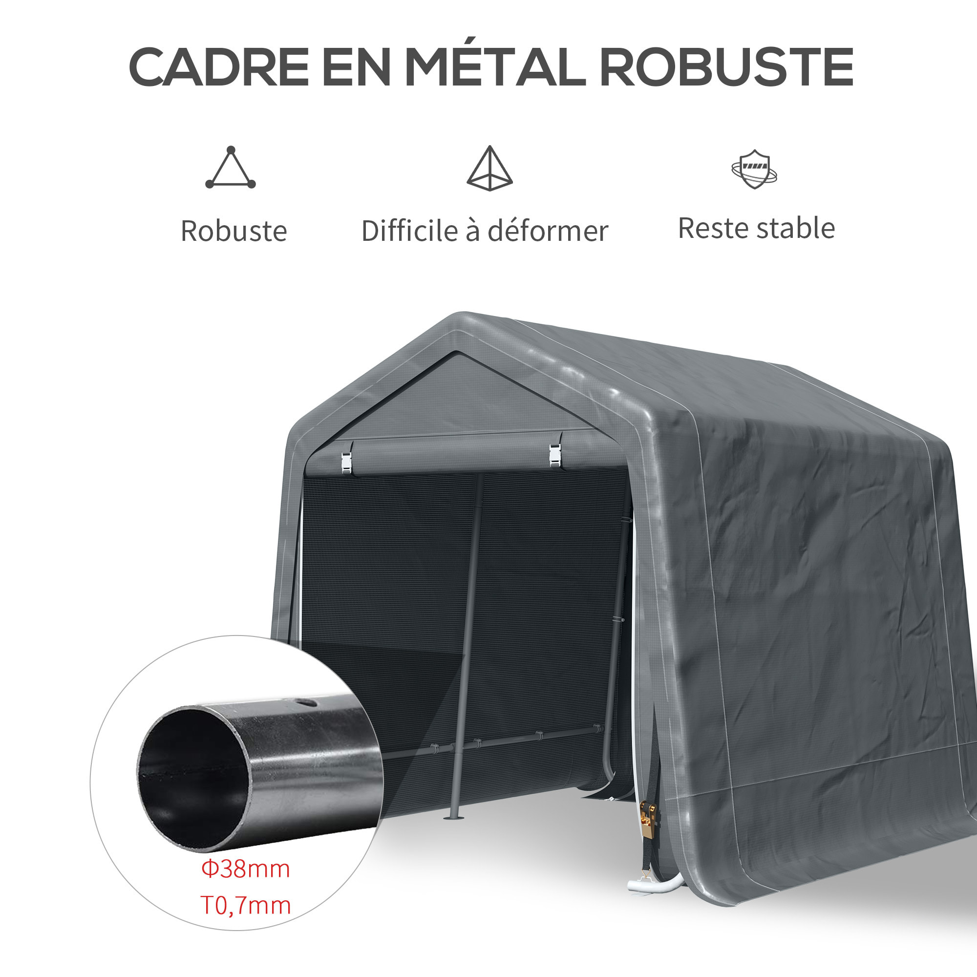 Abri de jardin - tente de stockage - abri de vélo - 2 portes zippées - dim. 280L x 240l x 240H cm - métal PE gris