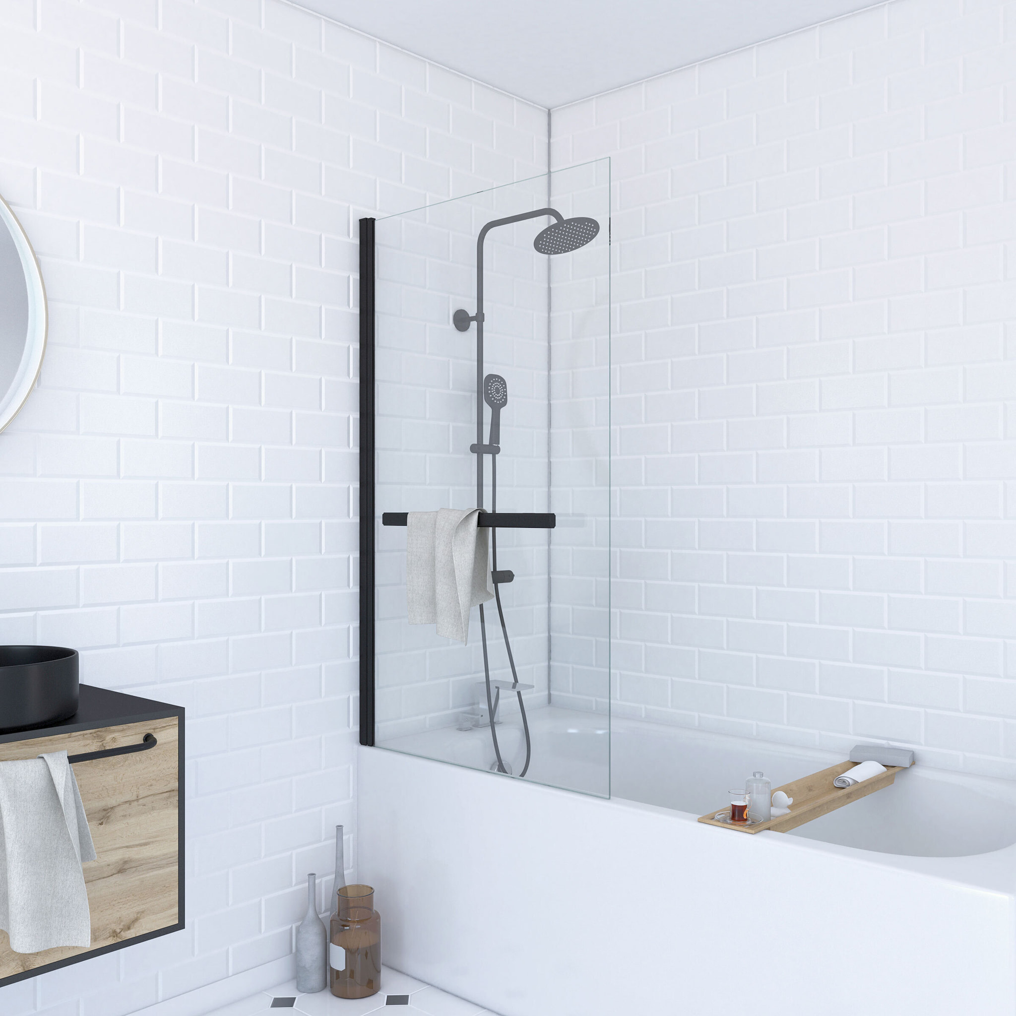 Pare baignoire Pivotant avec Porte-Serviette 85x150cm - Profilé Noir - Verre 6mm - TSHAPE DARK
