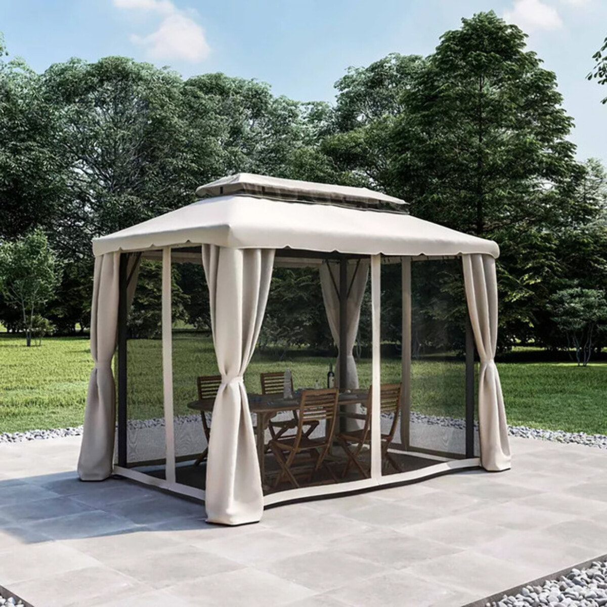 Gazebo impermeabile con zanzariere e tende laterali, struttura in acciaio e alluminio, copertura waterproof con camino antivento, stabile e resistente, ideale per giardino terrazzo e patio, facile montaggio con picchetti inclusi