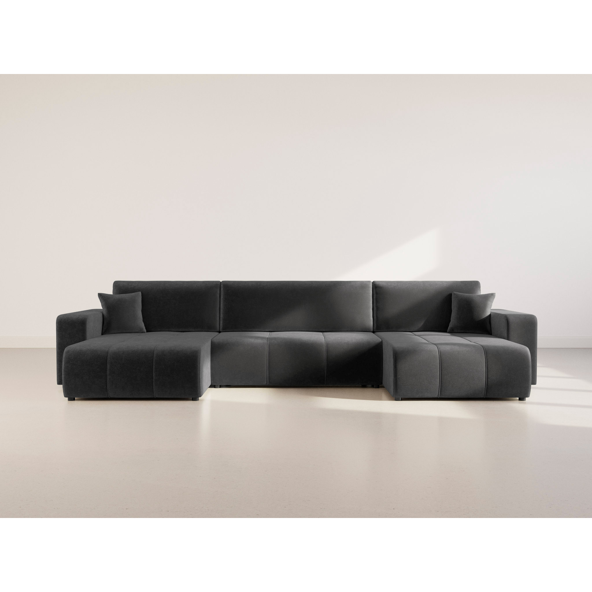 Nicole - Canapé panoramique en U 7 places convertible avec coffre en tissu - Gris Anthracite